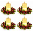 Jogo 4 Porta Velas Decorado Castiçal Natalino com Folhagens Pinhas Berries e Vela LED Branco Quente Mesa Posta Natal 10c