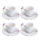 Jogo 4 Xícara de Café Porcelana Rosa e Branca Birds Pássaro com Pires 100ml Wolff
