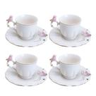 Jogo 4 Xícara De Café Porcelana Rosa E Branca Birds Pássaro Com Pires 100ml Wolff