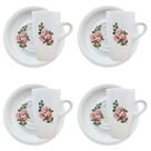Jogo 4 xícaras Café/Chá 150ml Cônica Alta c/ pires Flor Rosa