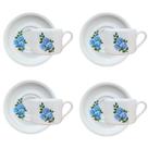Jogo 4 xícaras Café/Chá com pires 170ml Base Reta Flor Azul