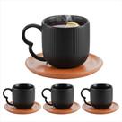 Jogo 4 Xícaras Chá Café 190ml Cerâmica Preta Pires De Bambu Alça Coração - HAÜSKRAFT