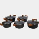 Jogo 5 Caçarolas 16a24cm Cerâmico Alças Madeira com Tampas de Vidro - Cor: Preto Craqueado