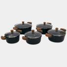 Jogo 5 Caçarolas 16a24cm Cerâmico Alças Madeira com Tampas de Vidro - Cor: Preto Liso