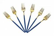 Jogo 6 Garfos de Mesa Slim Bicolor Aço Inox Dourado com Cabo Azul