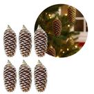 Jogo 6 Pinha Natural Pendente Natalina 8,5cm com Glitter Prata e Cordão para Pendurar