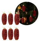 Jogo 6 Pinha Natural Pendente Natalina 8,5cm com Glitter Vermelho e Cordão para Pendurar