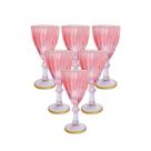 Jogo 6 Taças Vinho Diamond Friso Ouro Borda e Pé Vidro Rosa 310ml