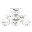Jogo 6 Tigelas Cumbucas Sobremesa 120ml Porcelana Decorada Estampa:Poá colorido frases Jogo 6 Tigelas Cumbucas Sobremesa 120ml Porcelana Decorada Estampa:Poá colorido frases