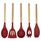 Jogo 6 Utensílios Cozinha Silicone Vinho Cabo Madeira Prime 30cm - Monaliza