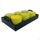 Jogo 6 Xícara 170ml Amarela Porcelana Com Bandeja Em Mdf
