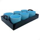 Jogo 6 Xícara 170ml AZUL Porcelana Com Bandeja Em Mdf