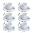 Jogo 6 Xícara de Café Porcelana Birds Azul e Branca Fio Dourado Pássaro com Pires 100ml Wolff