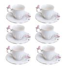 Jogo 6 Xícara de Café Porcelana Rosa e Branca Birds Pássaro com Pires 100ml Wolff