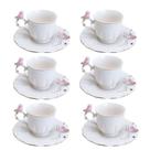 Jogo 6 Xícara De Café Porcelana Rosa E Branca Birds Pássaro Com Pires 100ml Wolff