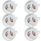 Jogo 6 xícaras Café/Chá 150ml Cônica Alta c/ pires Flor Rosa