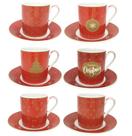Jogo 6 Xícaras Com Pires Porcelana Fina Decorado Natal Prime