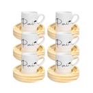 Jogo 6 Xícaras Porcelana Pai Bigode 60ml Com Pires Madeira Redondo