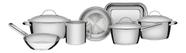 Jogo 7 Panelas Inox Fundo Triplo com Caçarola Jarra Tampa Assadeira Utensílio de Cozinha Reforçado Design Moderno