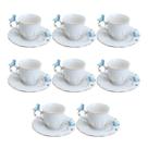 Jogo 8 Xícara De Café Porcelana Birds Azul E Branca Fio Dourado Pássaro Com Pires 100ml Wolff
