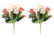 Jogo Buquê Mini Rosas 5 Flores Folhagens Realistas 2 Unidades 30cm