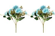 Jogo Buquê Mini Rosas Azul Turquesa 5 Flores Folhagens Realistas 2 Unidades 30cm