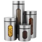 Jogo C/ 4 Peças Potes Herméticos Vidro em Inox Mantimentos Grãos Decoração Cozinha