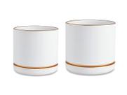Jogo Cachepot Decorativo Vaso Para Plantas Mudas Suculentas com Branco Acetinado em Cerâmica com Prato Detalhe Dourado