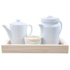 Jogo Café e Chá, Bandeja + Bule Bico longo 800ml + Bule cafeteira 1,1L + Açucareiro Ramequim 250ml - Porcelana Branca