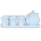 Jogo Café e Chá Mesa Posta, Bandeja + kit 6 xícaras caneladas 120ml + Chaleira 830ml - Porcelana Branca