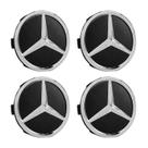 Jogo Calotinha Mercedes 75mm Preta Fosca com Emblema Cromado Jogo Calotinha Mercedes 75mm Preta Fosca com Emblema Cromado