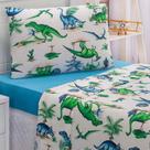 Jogo Cama Lençol Diverkids Solteiro Infantil Malha Soft Algodão 3 Peças - Dinossauro Verde Azul