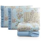 Jogo Cama Lençol Fiore Casal Padrão Estampado 180 Fios 100% Algodão Com Babadinho 4 Peças Azul Floral