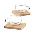 Jogo com 2 Xícaras de Café com Alça Ergonômica Vidro Duplo com Base de Bambu Natural Ideal para Bebidas Quentes ou Frias