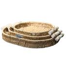 Jogo com 3 Bandejas Decorativas Rattan Oval com Alças de Madeira
