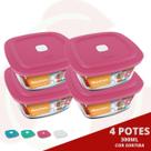Jogo com 4 Pote de Vidro Quadrado c/ Tampa 300ML Marinex