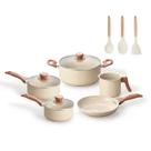 jogo com 5 panelas antiaderentes de ceramica e aluminio bege terrara e 3 utensílios de silicone - oi