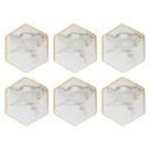 Jogo com 6 Porta Copos Hexagonais Marmorizados Fio Dourado Cerâmica 9,5x9,5cm