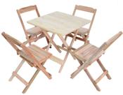 Jogo Conjunto 1 Mesa 60x60 e 4 Cadeiras Bar Dobrável Retratil de Madeira - Sem Pintura