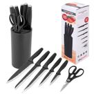Jogo Conjunto de Facas Inox Texturizado Cabo Ergonômico 7 Peças Suporte ABS Linha Premium