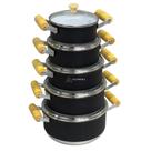 Jogo Conjunto KIt de Panela 5 Peças Rafaela Preto com Revestimento Cerâmico Branco Tampa Vidro Alça Madeira