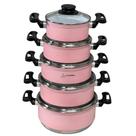 Jogo Conjunto KIt de Panela 5 Peças Rafaela Rosa com Revestimento Cerâmico Branco Tampa Vidro