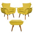 Jogo de 2 Poltrona + Puff de Luxo para Sala de Jantar Suede Amarelo