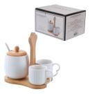 Jogo De 2 Xicaras Com Açucareiro Ceramica Suporte de Bambu 4 Peças