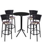 Jogo de 4 Banquetas Preta Junco Preto Assento Floral Marrom com Bistro Preto