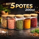 Jogo de 5 potes herméticos de vidro tampa de bambu 200 ml