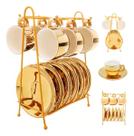 Jogo De 6 Xicaras Com Pires + Suporte Porcelana Dourada Luxo Cor Dourado Liso