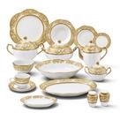 Jogo de Aparelho de Jantar em Porcelana Branca e Arabescos Filetados à Ouro 62 Peças 45x63x57cm Jogo de Aparelho de Jantar em Porcelana Branca e Arabescos Filetados à Ouro 62 Peças 45x63x57cm