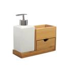 Jogo de Banheiro de Porcelana com Gavetas e Base em Bambu Chique Jogo de Banheiro de Porcelana com Gavetas e Base em Bambu Chique