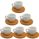Jogo de Café em Porcelana Branca com 6 Xícaras e 6 Pires de Bambu